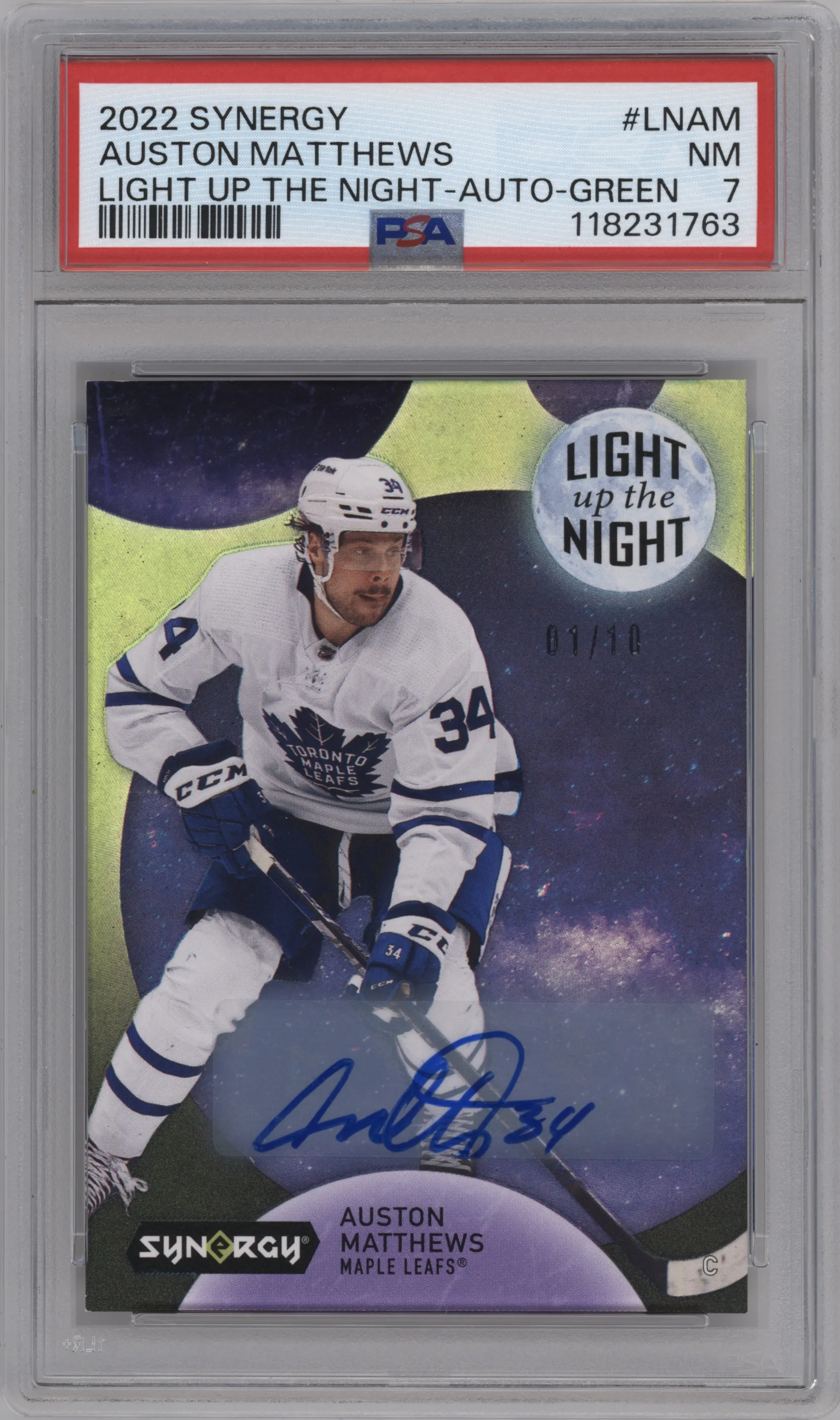 2022 Upper Deck Synergy Light Up The Night Auto Auston Matthews Green #LN-AM PSA 7