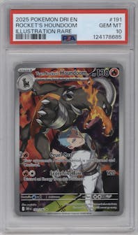 Team Rocket's Houndoom from the 2025 Pokemon SV set graded by PSA and given an overall grade of 10.