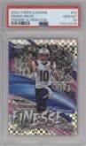 Drake Maye from the 2024 Topps Chrome set featuring a X-Fractor parallel graded by PSA and given an overall grade of 10.