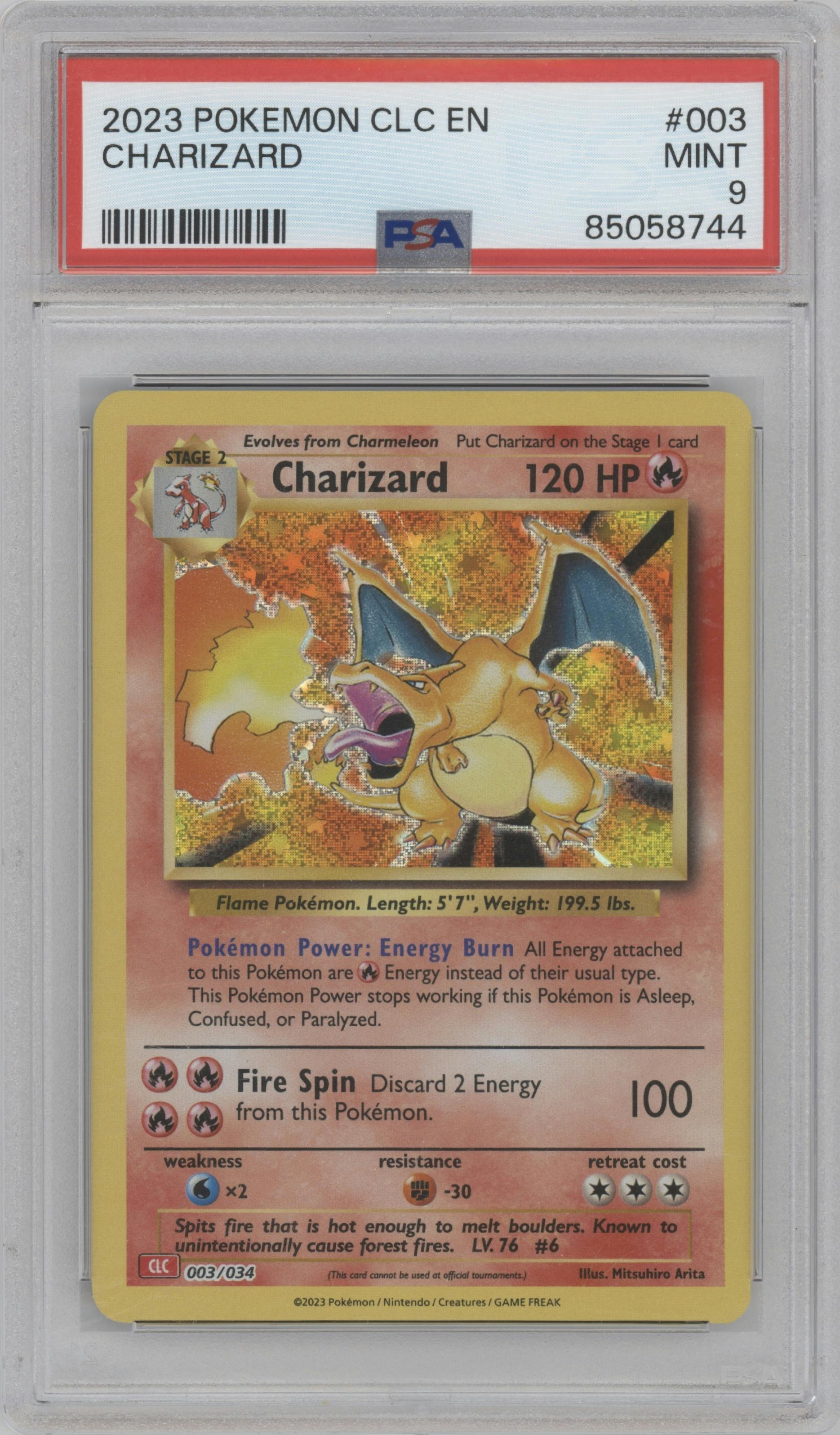 Charizard from the 2023 Pokemon CLC set graded by PSA and given an overall grade of 9.