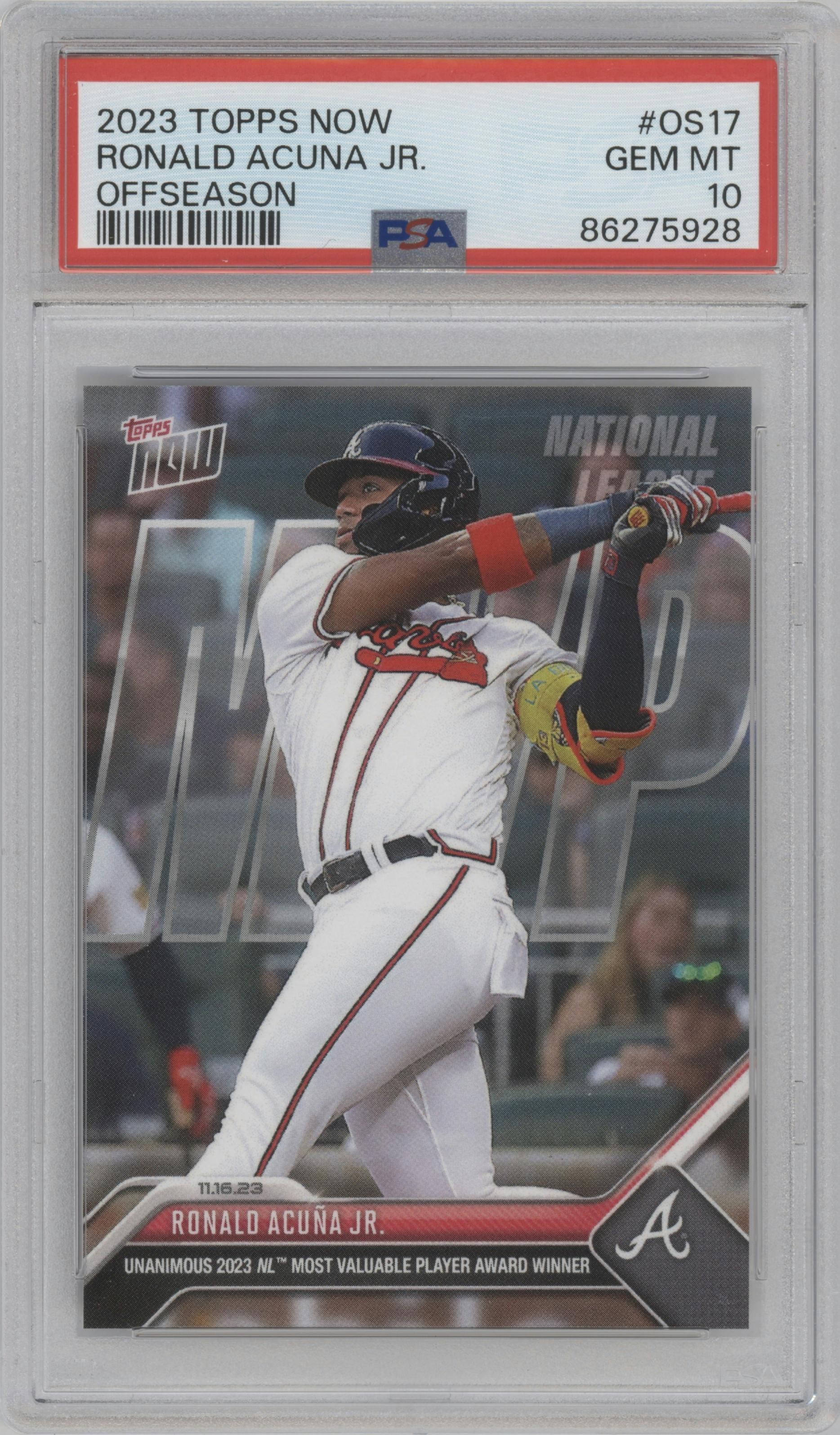Ronald Acuna Jr. from the 2023-24 Topps Now Off-Season set graded by PSA and given an overall grade of 10.
