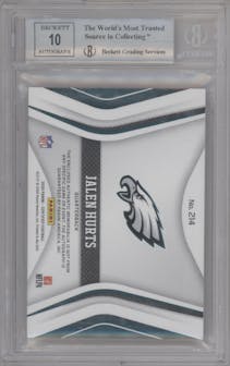 Jalen Hurts from the 2020 Panini Certified set featuring a Mirror Green parallel graded by Beckett and given an overall grade of 9.