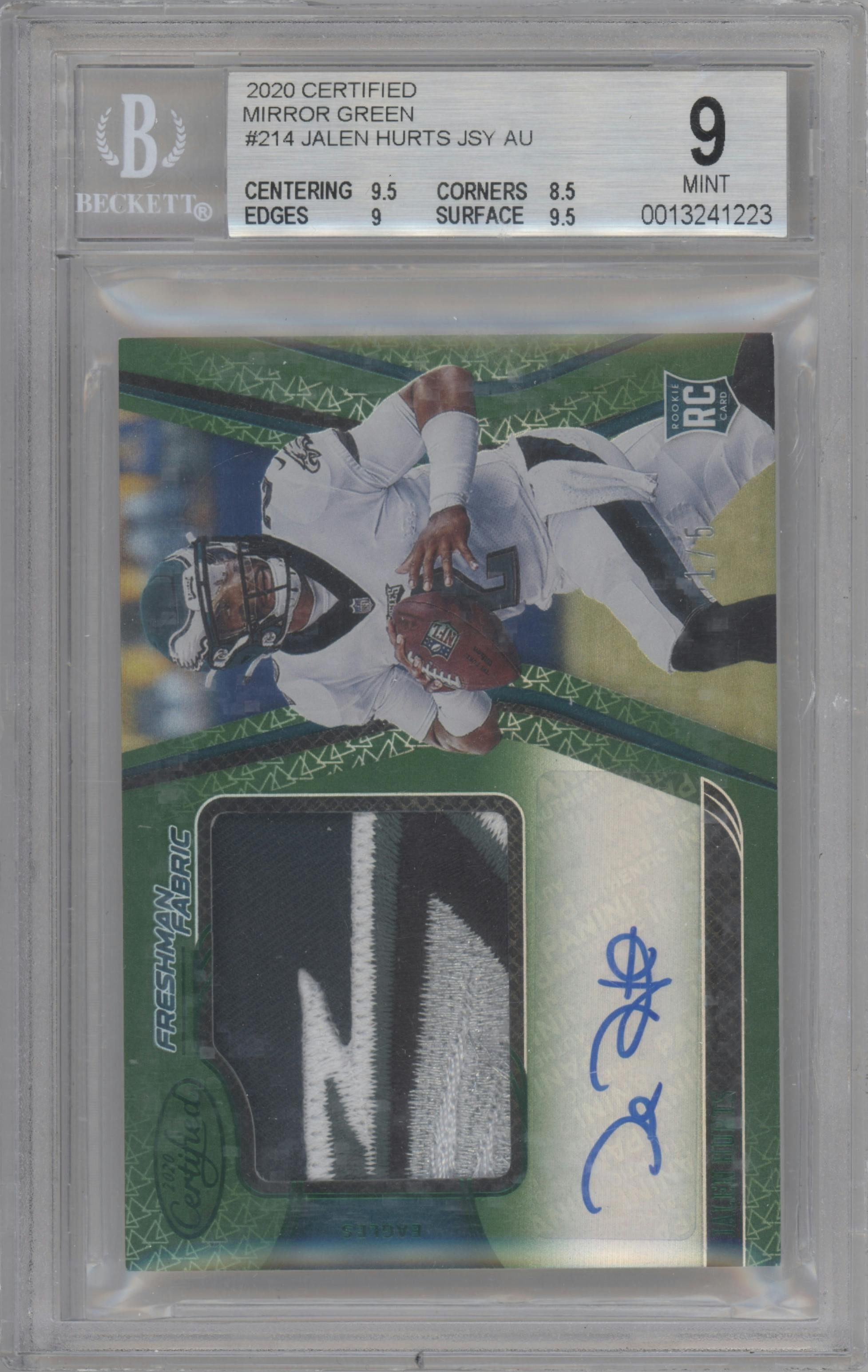 Jalen Hurts from the 2020 Panini Certified set featuring a Mirror Green parallel graded by Beckett and given an overall grade of 9.