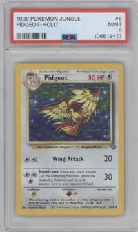 Pidgeot from the 1999 Pokemon set graded by PSA and given an overall grade of 9.