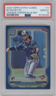 Bo Bichette from the 2020 Topps Gypsy Queen set featuring a Blue Refractor parallel graded by PSA and given an overall grade of 10.