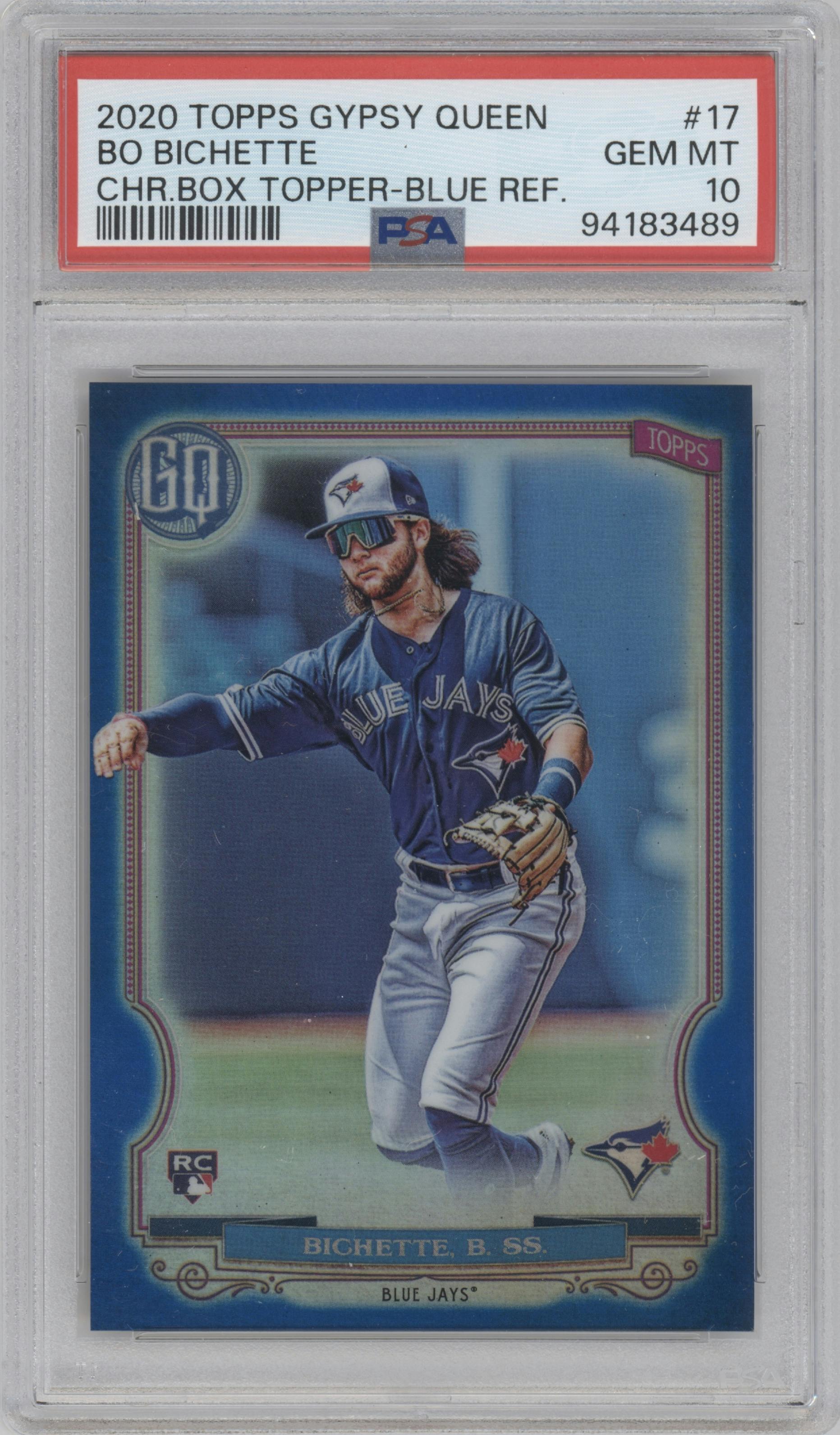Bo Bichette from the 2020 Topps Gypsy Queen set featuring a Blue Refractor parallel graded by PSA and given an overall grade of 10.