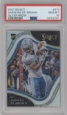 Amon-Ra St. Brown from the 2021 Panini Select set featuring a Silver Prizm parallel graded by PSA and given an overall grade of 10.