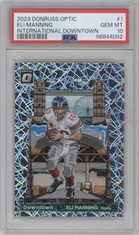 Eli Manning from the 2023 Donruss Optic set graded by PSA and given an overall grade of 10.
