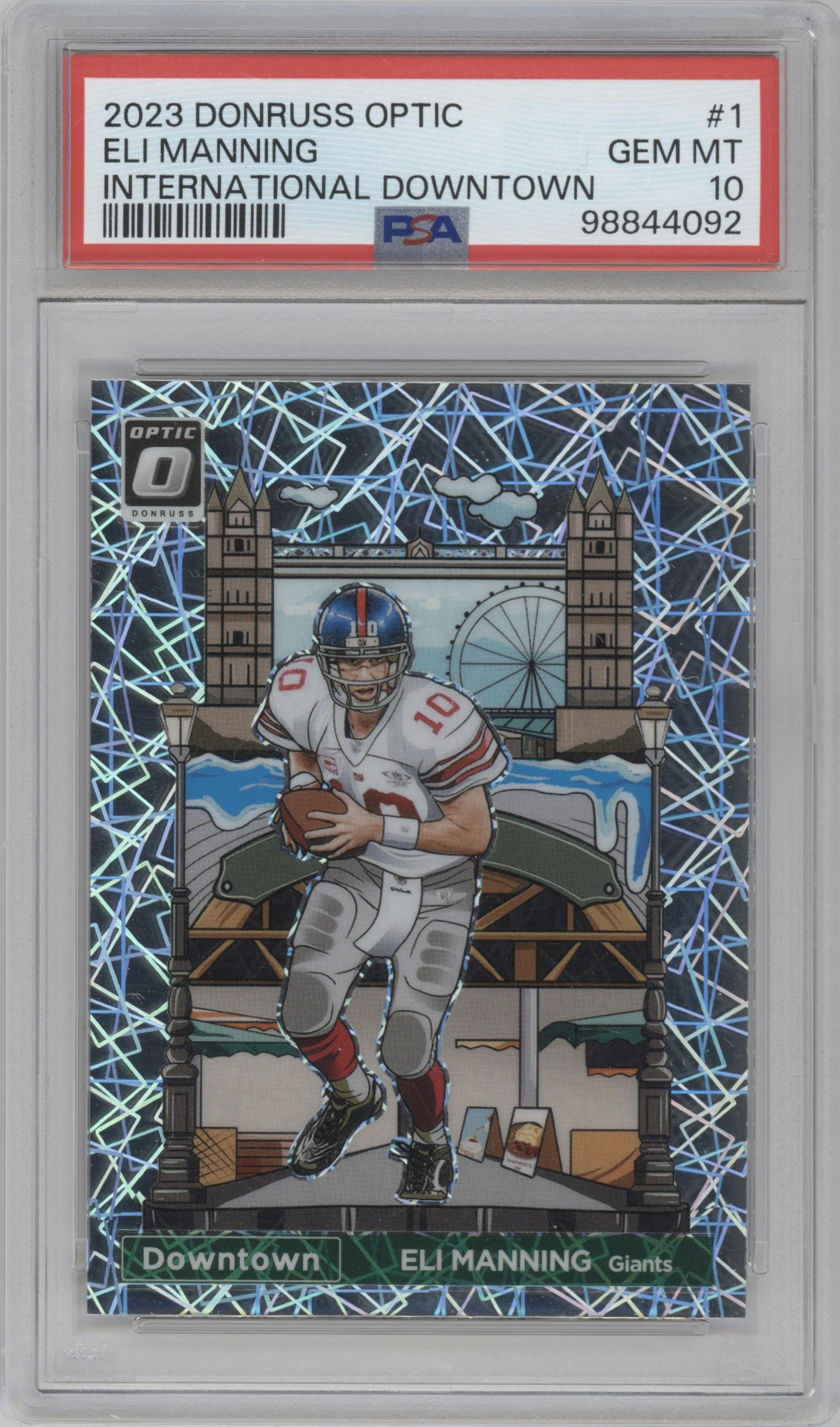 Eli Manning from the 2023 Donruss Optic set graded by PSA and given an overall grade of 10.