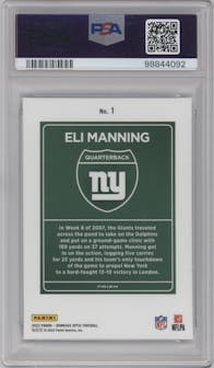 Eli Manning from the 2023 Donruss Optic set graded by PSA and given an overall grade of 10.