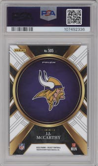 J.J. McCarthy from the 2023 Panini Select set graded by PSA and given an overall grade of 9.