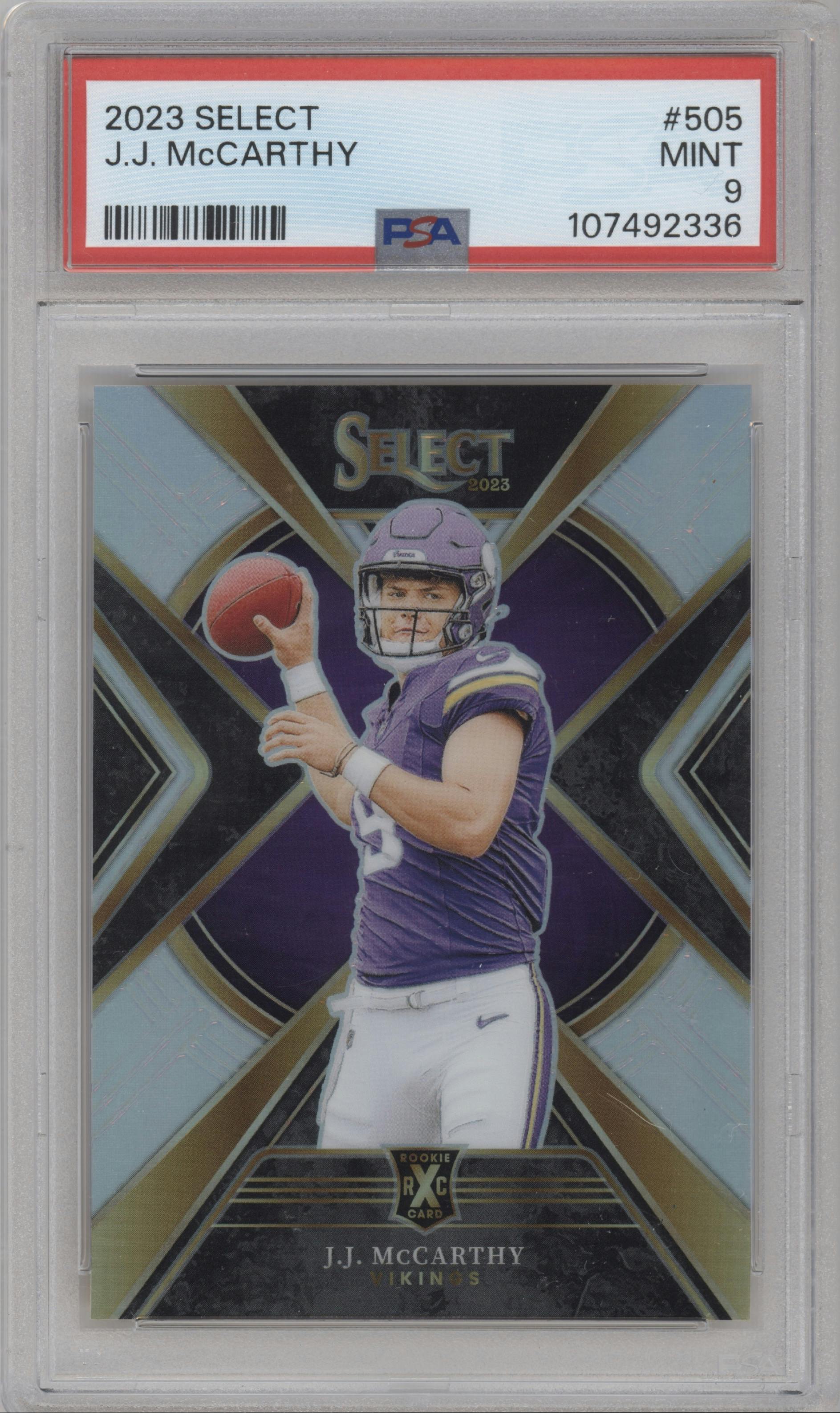 J.J. McCarthy from the 2023 Panini Select set graded by PSA and given an overall grade of 9.