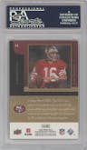 Joe Montana from the 2008 Upper Deck Masterpieces set featuring a Framed Black parallel graded by PSA and given an overall grade of 9.