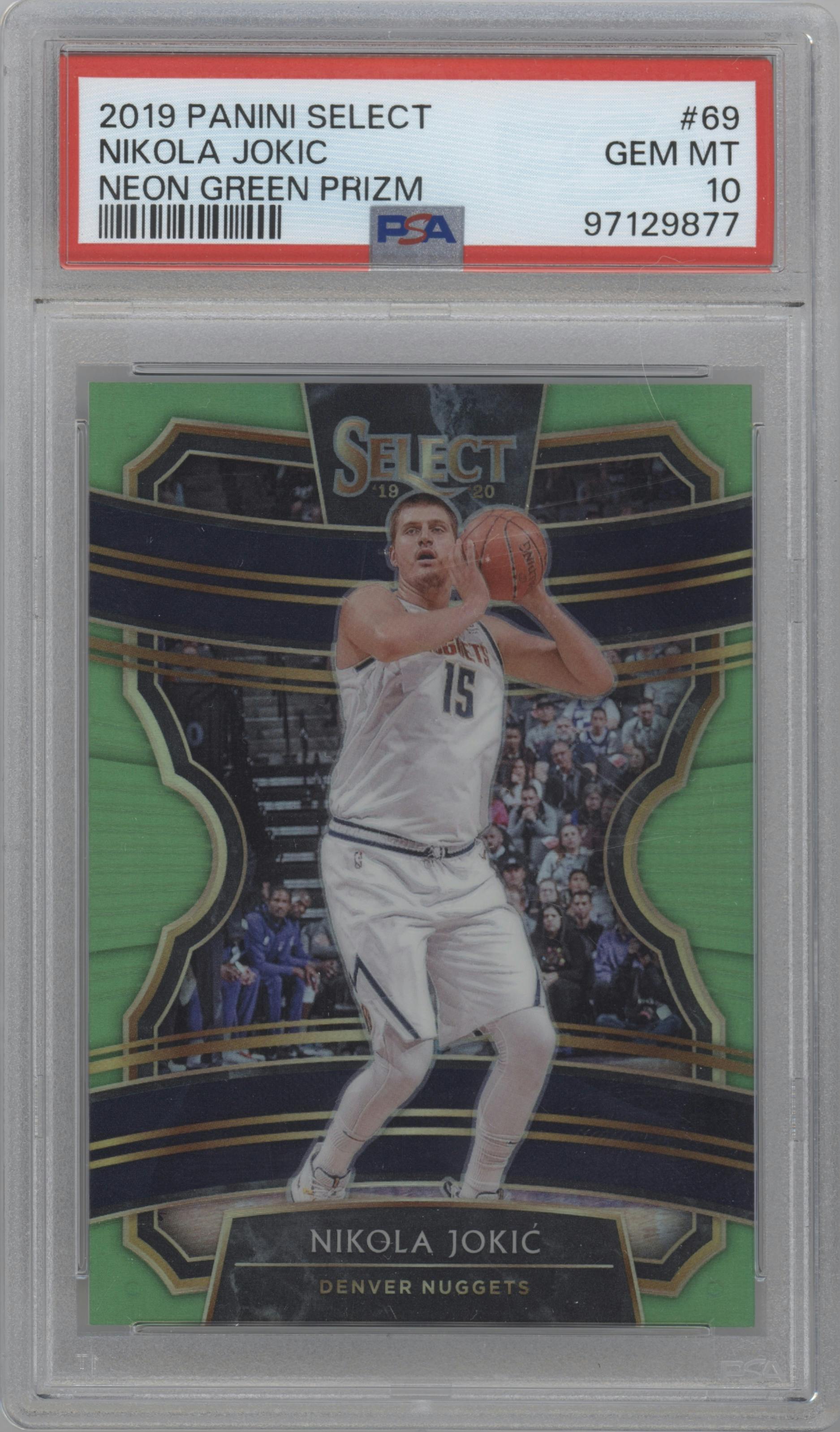 Nikola Jokic from the 2019-20 Panini Select set featuring a Neon Green  parallel graded by PSA and given an overall grade of 10.