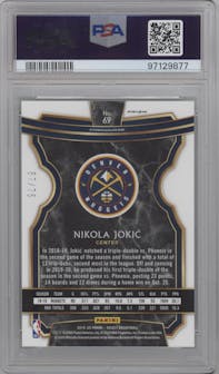 Nikola Jokic from the 2019-20 Panini Select set featuring a Neon Green  parallel graded by PSA and given an overall grade of 10.