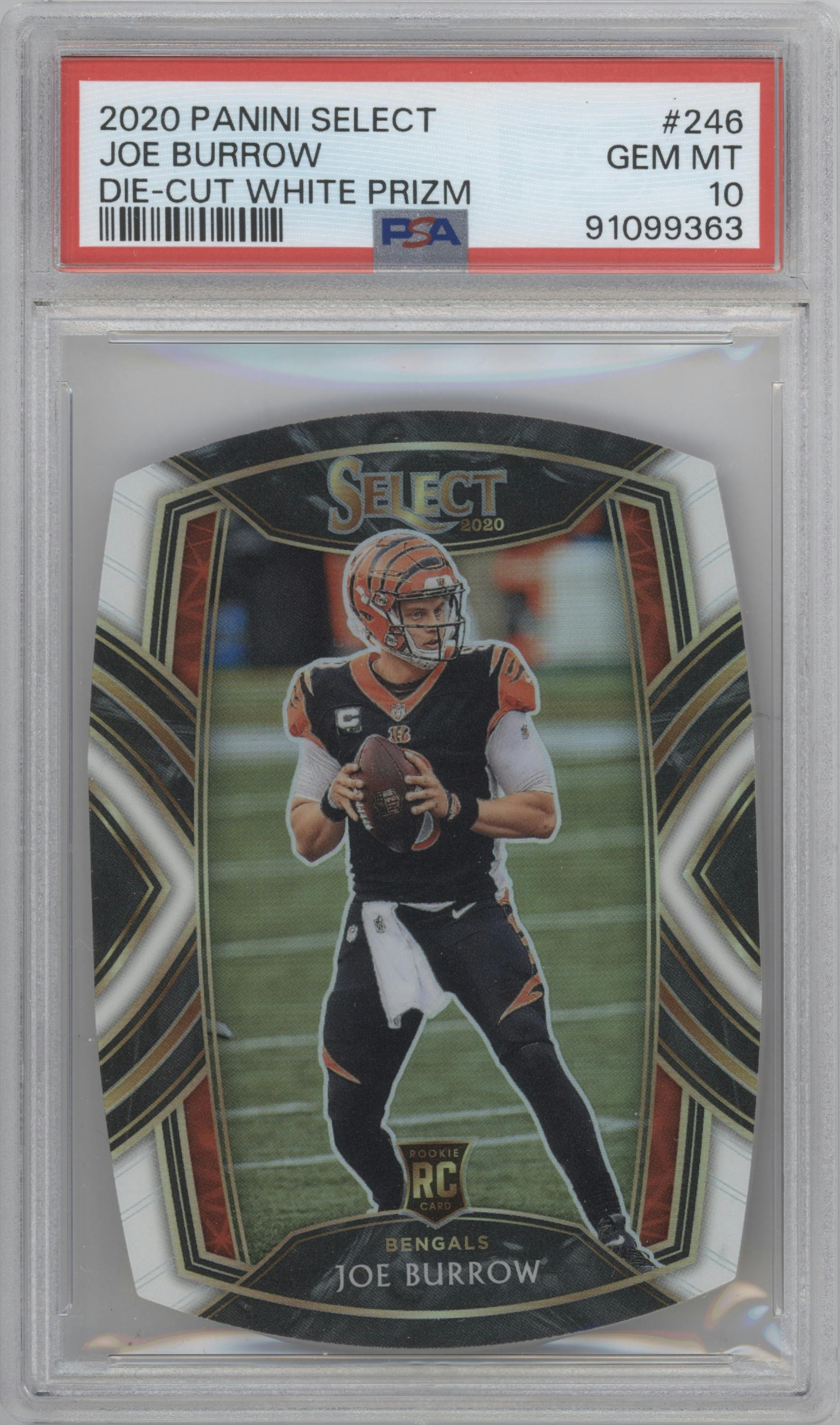 Joe Burrow from the 2020 Panini Select set featuring a Die-Cut White parallel graded by PSA and given an overall grade of 10.