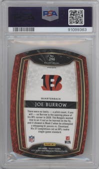 Joe Burrow from the 2020 Panini Select set featuring a Die-Cut White parallel graded by PSA and given an overall grade of 10.