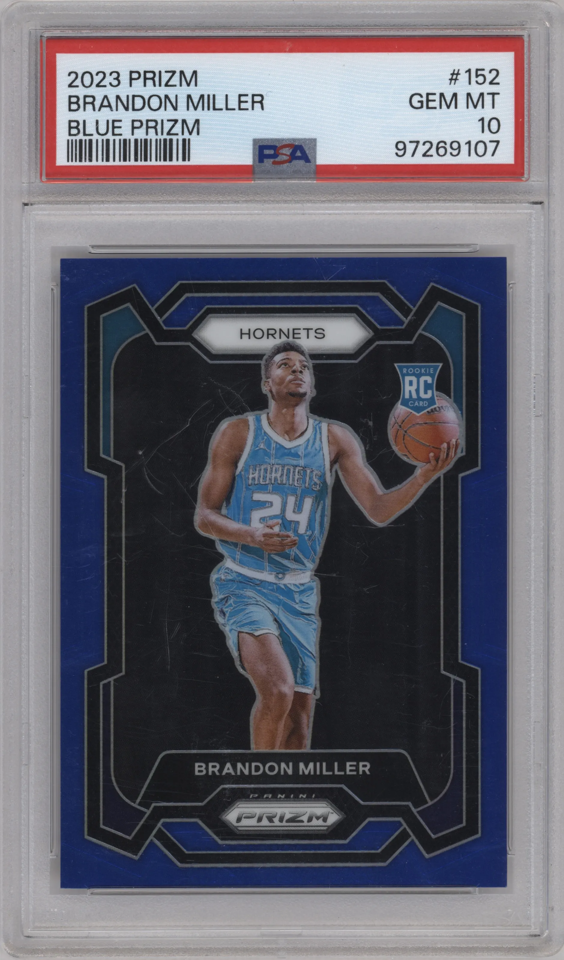 Brandon Miller from the 2023-24 Panini Prizm set featuring a Blue Prizm parallel graded by PSA and given an overall grade of 10.