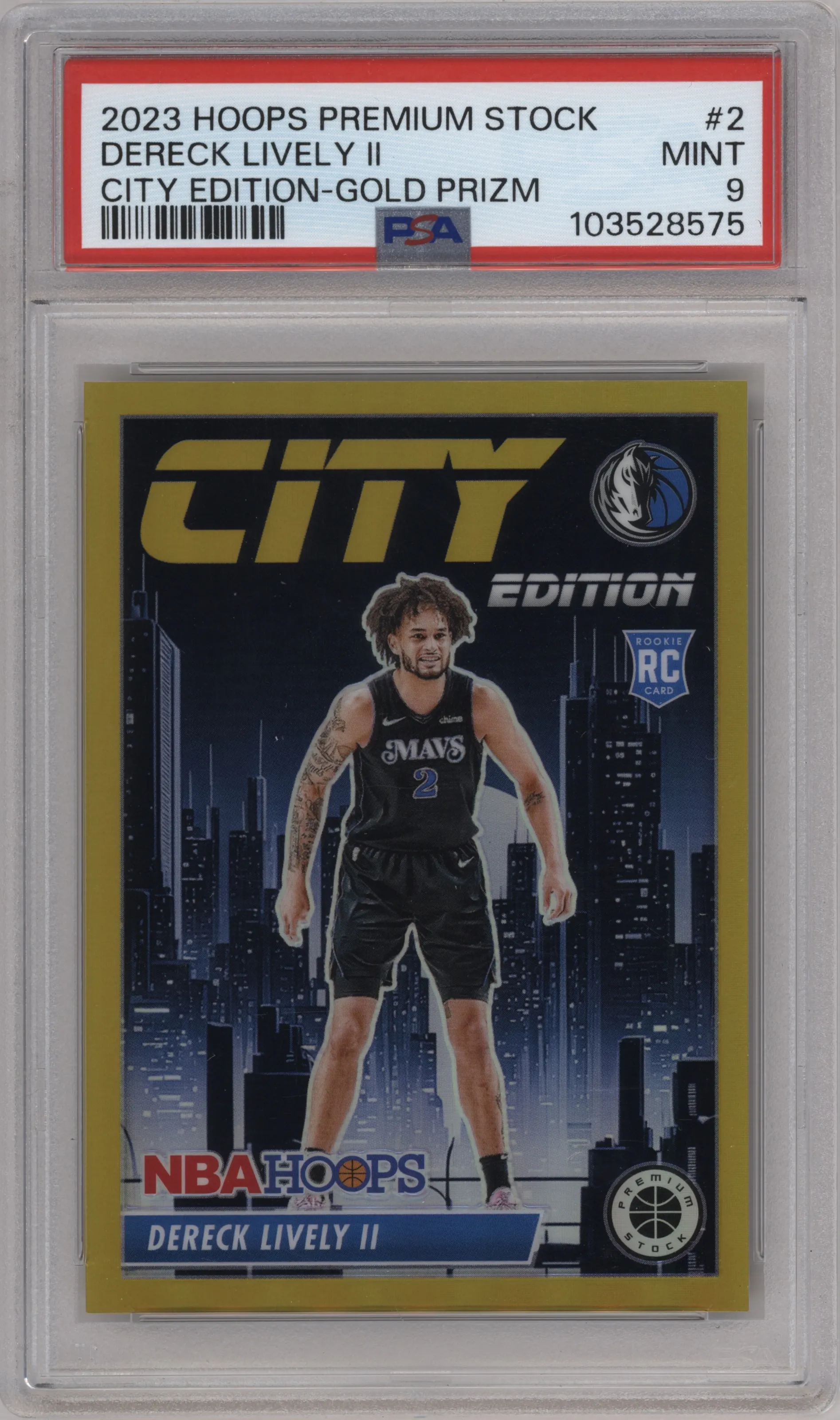 2023 Panini Hoops Premium Stock City Ed. Dereck Lively II Gold Prizm #2 PSA 9