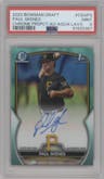 Paul Skenes from the 2023 Bowman Draft set featuring a Aqua Lava Refractor parallel graded by PSA and given an overall grade of 9.