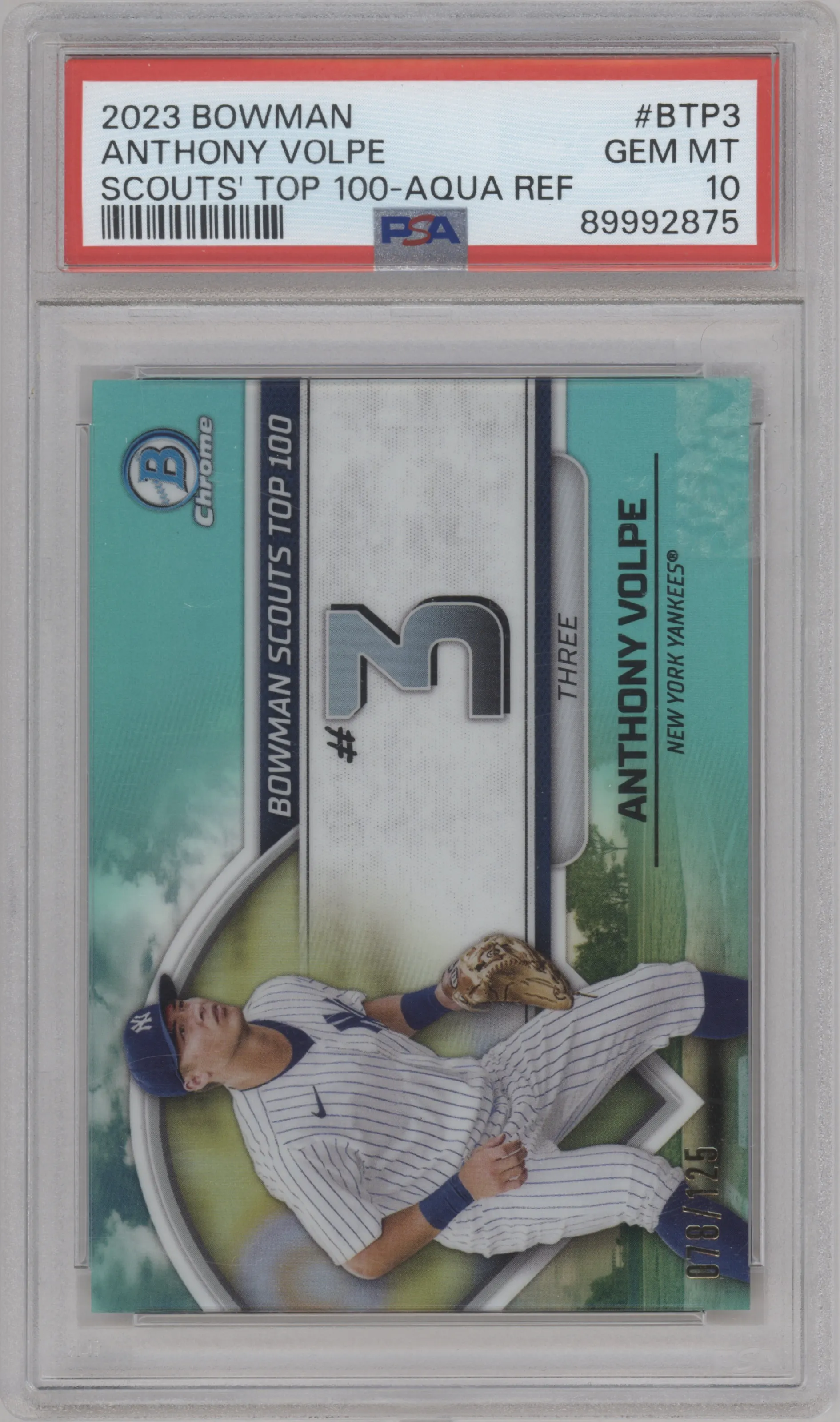 2023 Bowman BM Scouts Top 100 Anthony Volpe Aqua Refractor #BTP-3 PSA 10