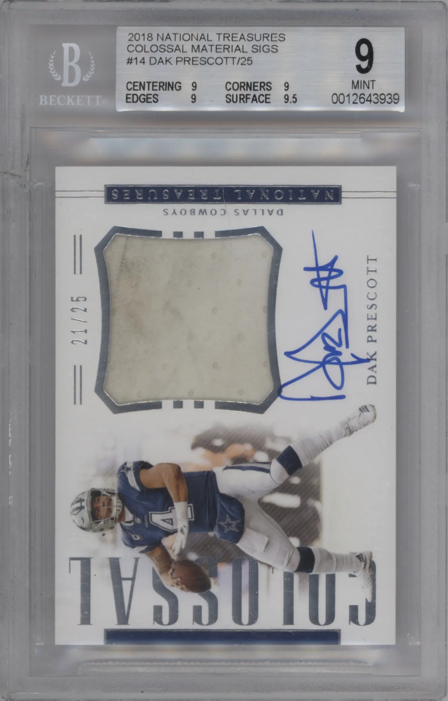 2018 Panini National Treasures Colossal Sig. Dak Prescott #CS-DP BGS 9