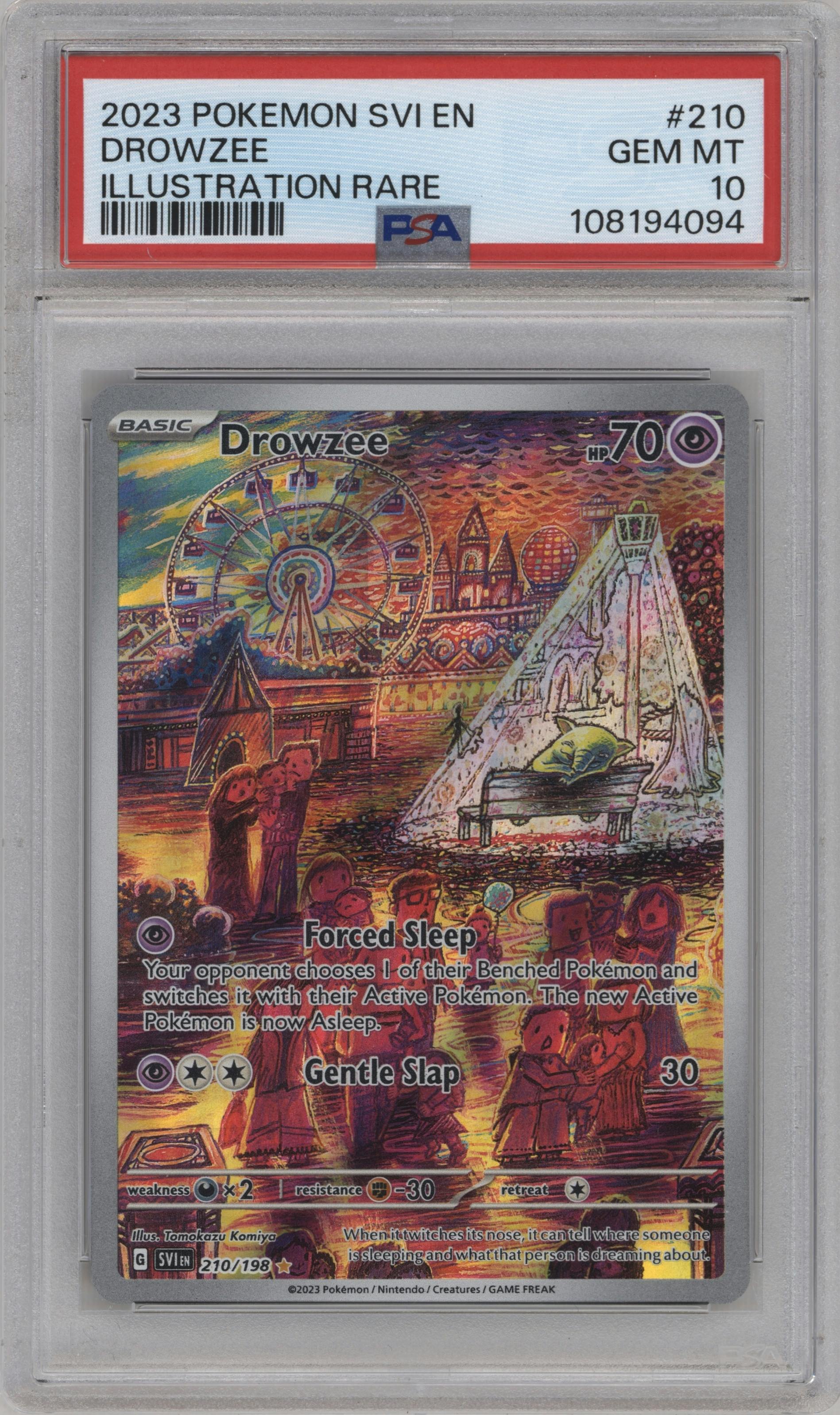 Drowzee from the 2023 Pokemon SV set graded by PSA and given an overall grade of 10.