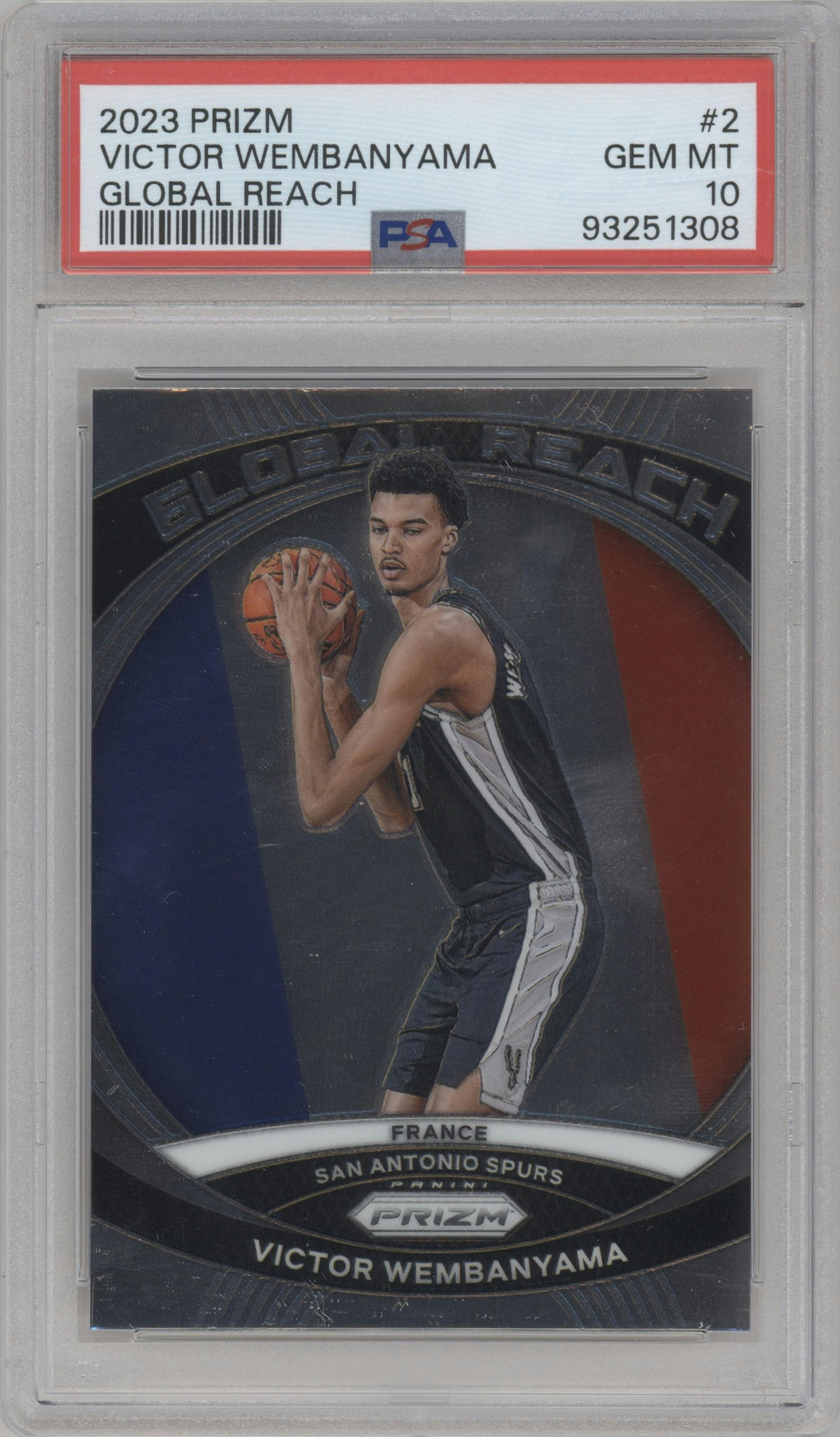 Victor Wembanyama from the 2023-24 Panini Prizm set graded by PSA and given an overall grade of 10.
