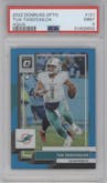 Tua Tagovailoa from the 2022 Panini Donruss Optic set featuring a Aqua parallel graded by PSA and given an overall grade of 9.