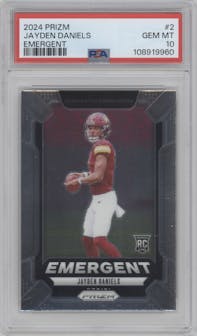 Jayden Daniels from the 2024 Panini Prizm set graded by PSA and given an overall grade of 10.