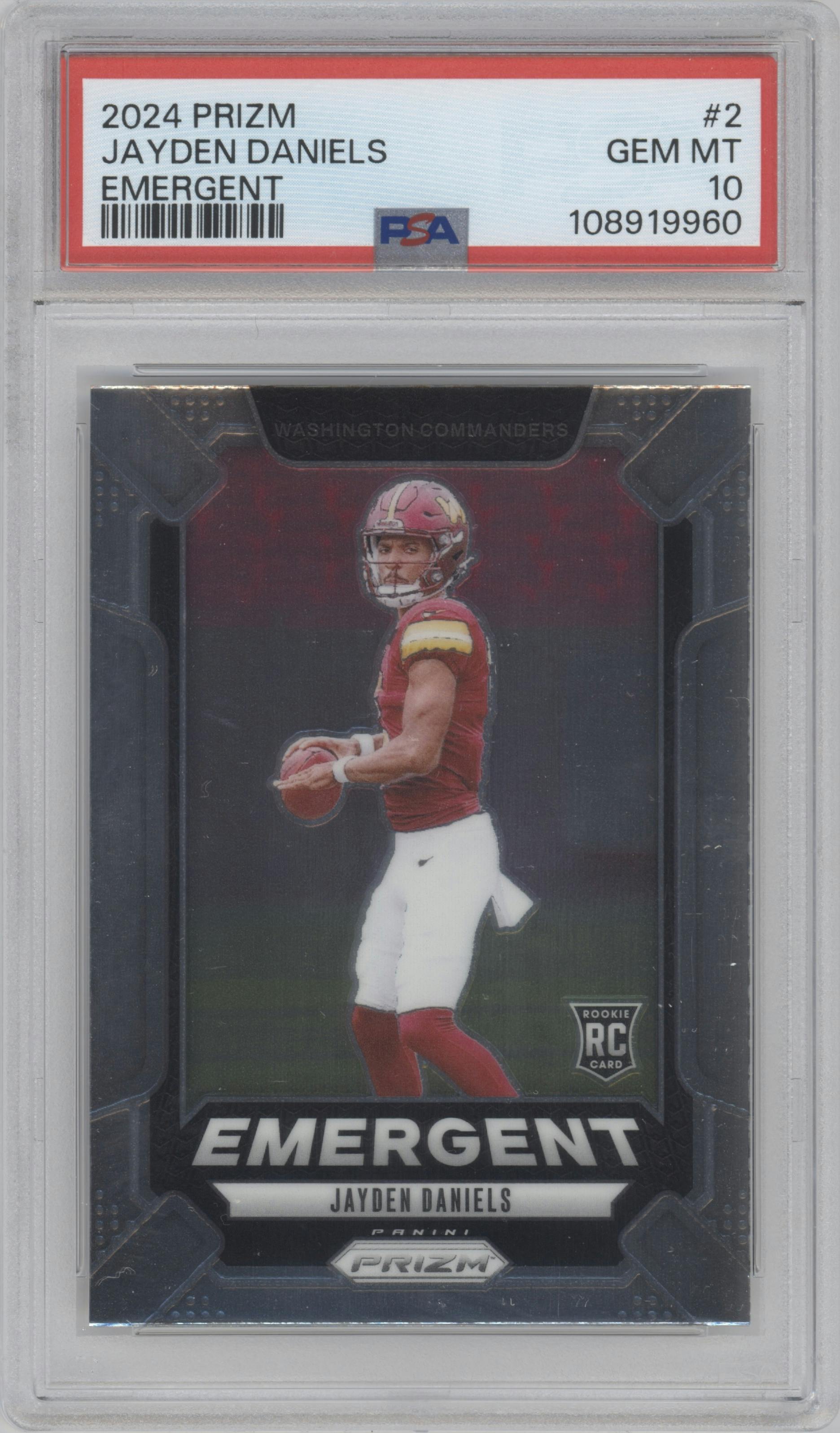 Jayden Daniels from the 2024 Panini Prizm set graded by PSA and given an overall grade of 10.