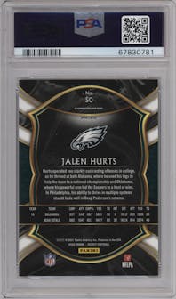 Jalen Hurts from the 2020 Panini Select set featuring a Tiger parallel graded by PSA and given an overall grade of 10.