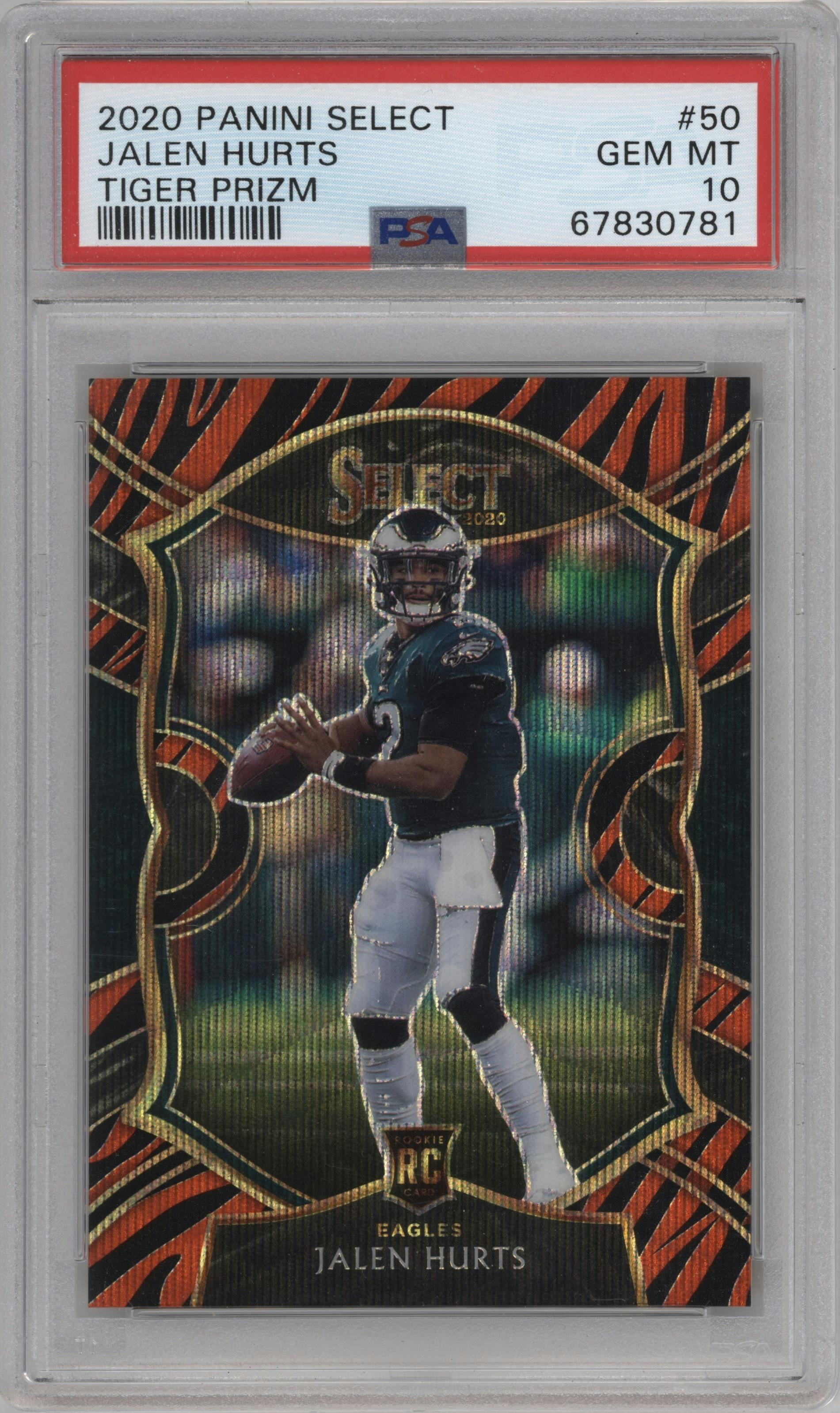 Jalen Hurts from the 2020 Panini Select set featuring a Tiger parallel graded by PSA and given an overall grade of 10.