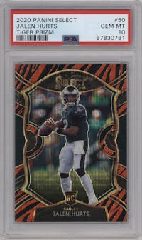 Jalen Hurts from the 2020 Panini Select set featuring a Tiger parallel graded by PSA and given an overall grade of 10.