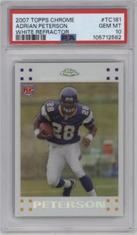 Adrian Peterson from the 2007 Topps Chrome set featuring a White Refractor parallel graded by PSA and given an overall grade of 10.