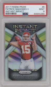 Patrick Mahomes II from the 2017 Panini Prizm set graded by PSA and given an overall grade of 9.