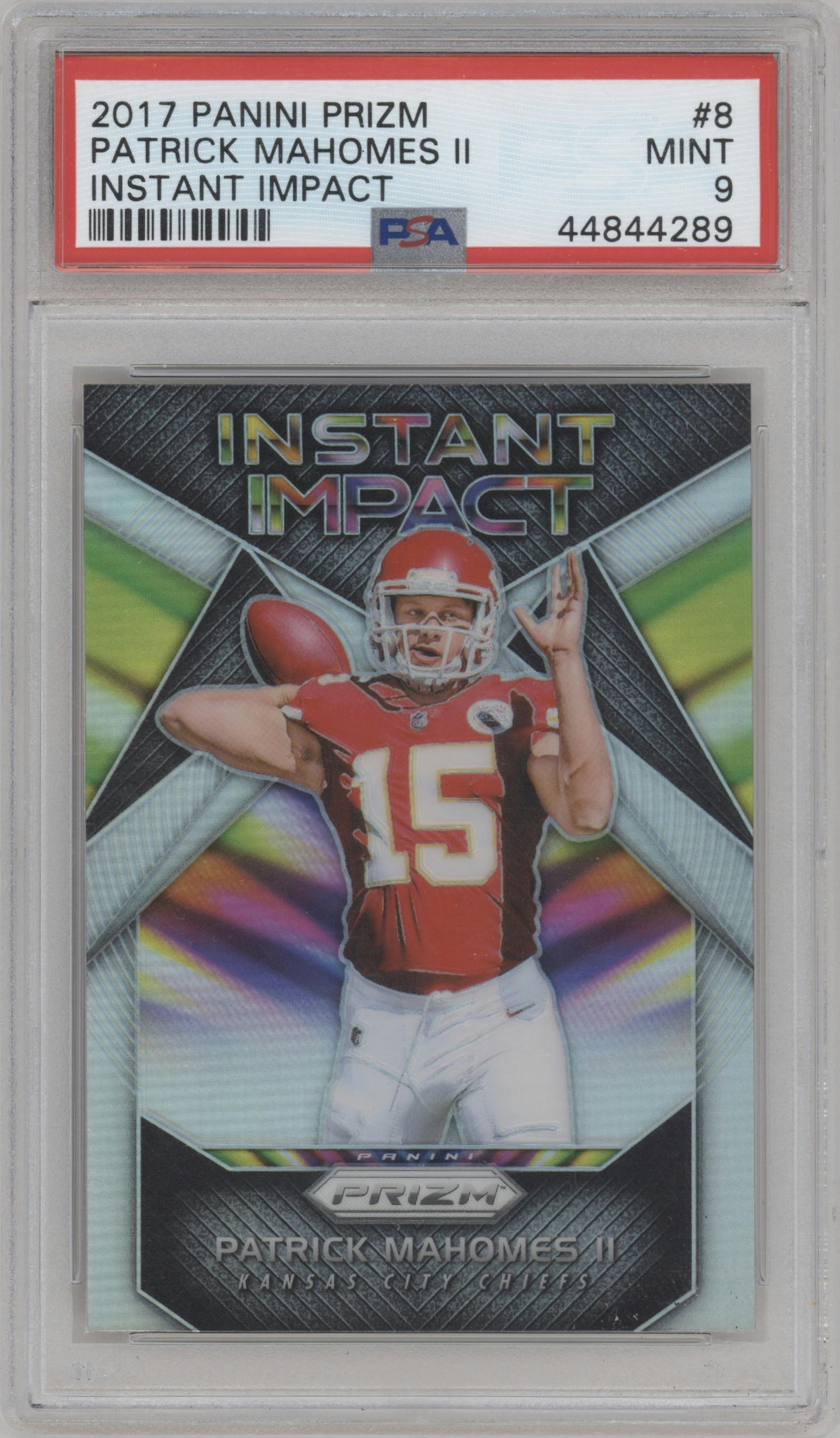 Patrick Mahomes II from the 2017 Panini Prizm set graded by PSA and given an overall grade of 9.