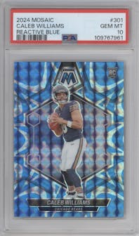 Caleb Williams from the 2024 Panini Mosaic set featuring a Reactive Blue parallel graded by PSA and given an overall grade of 10.