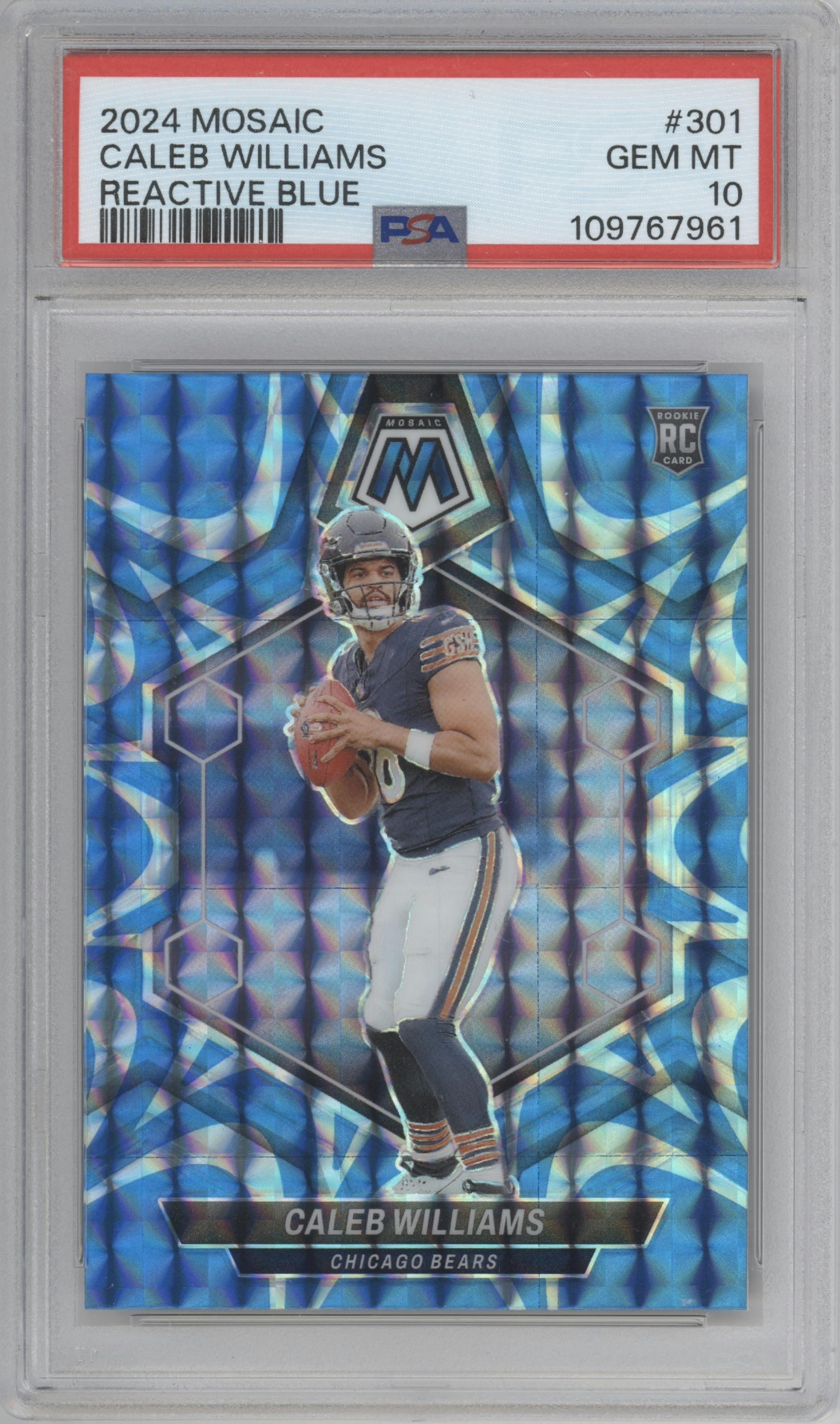 Caleb Williams from the 2024 Panini Mosaic set featuring a Reactive Blue parallel graded by PSA and given an overall grade of 10.