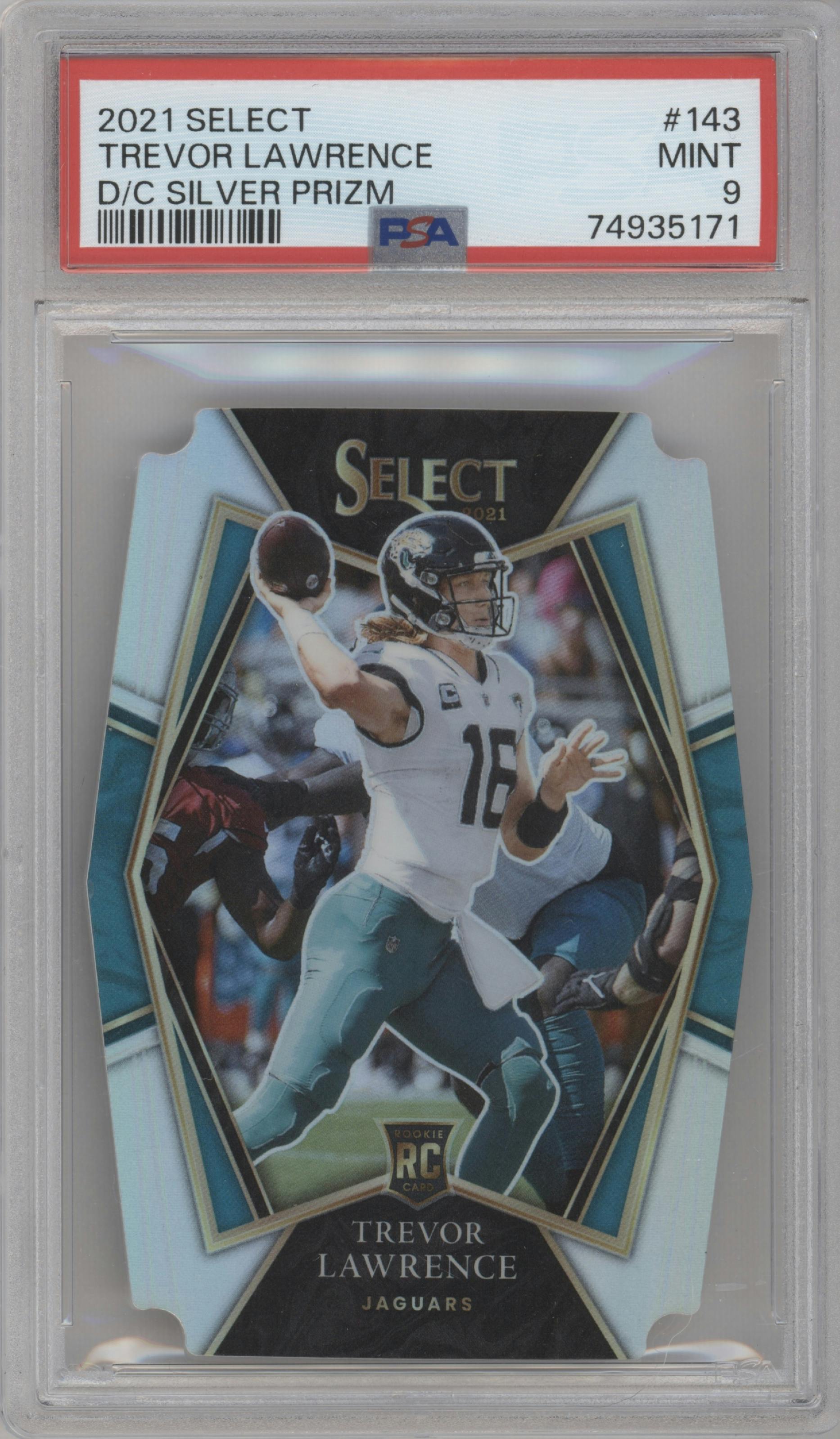 Trevor Lawrence from the 2021 Panini Select set featuring a Die-Cut Silver parallel graded by PSA and given an overall grade of 9.