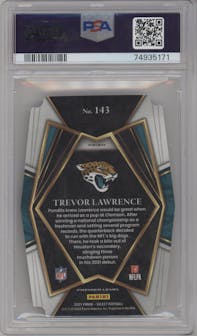 Trevor Lawrence from the 2021 Panini Select set featuring a Die-Cut Silver parallel graded by PSA and given an overall grade of 9.