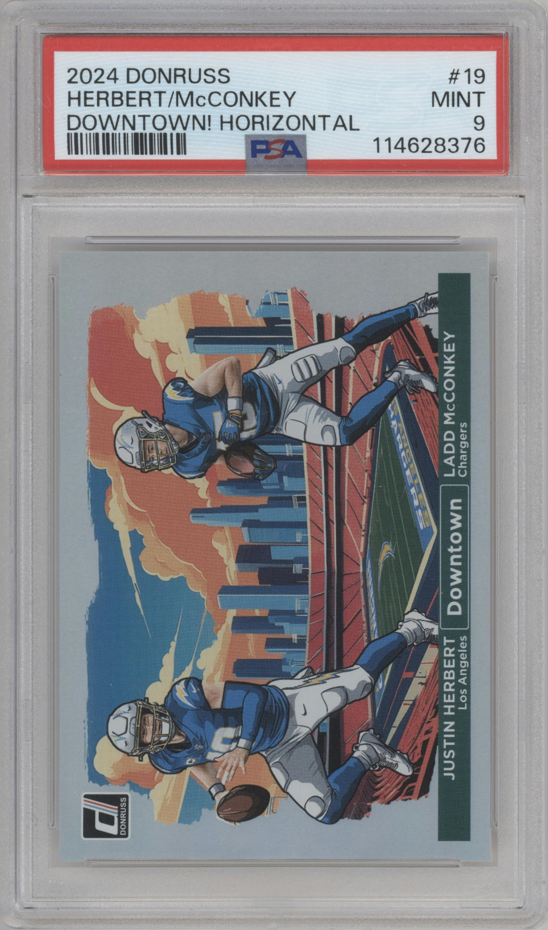 Justin Herbert/Ladd McConkey from the 2024 Donruss set graded by PSA and given an overall grade of 9.