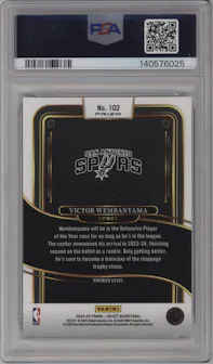 Victor Wembanyama from the 2024-25 Panini Select set featuring a Gold Glitter Prizm parallel graded by PSA and given an overall grade of 10.