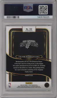 Victor Wembanyama from the 2024-25 Panini Select set featuring a Gold Glitter Prizm parallel graded by PSA and given an overall grade of 10.