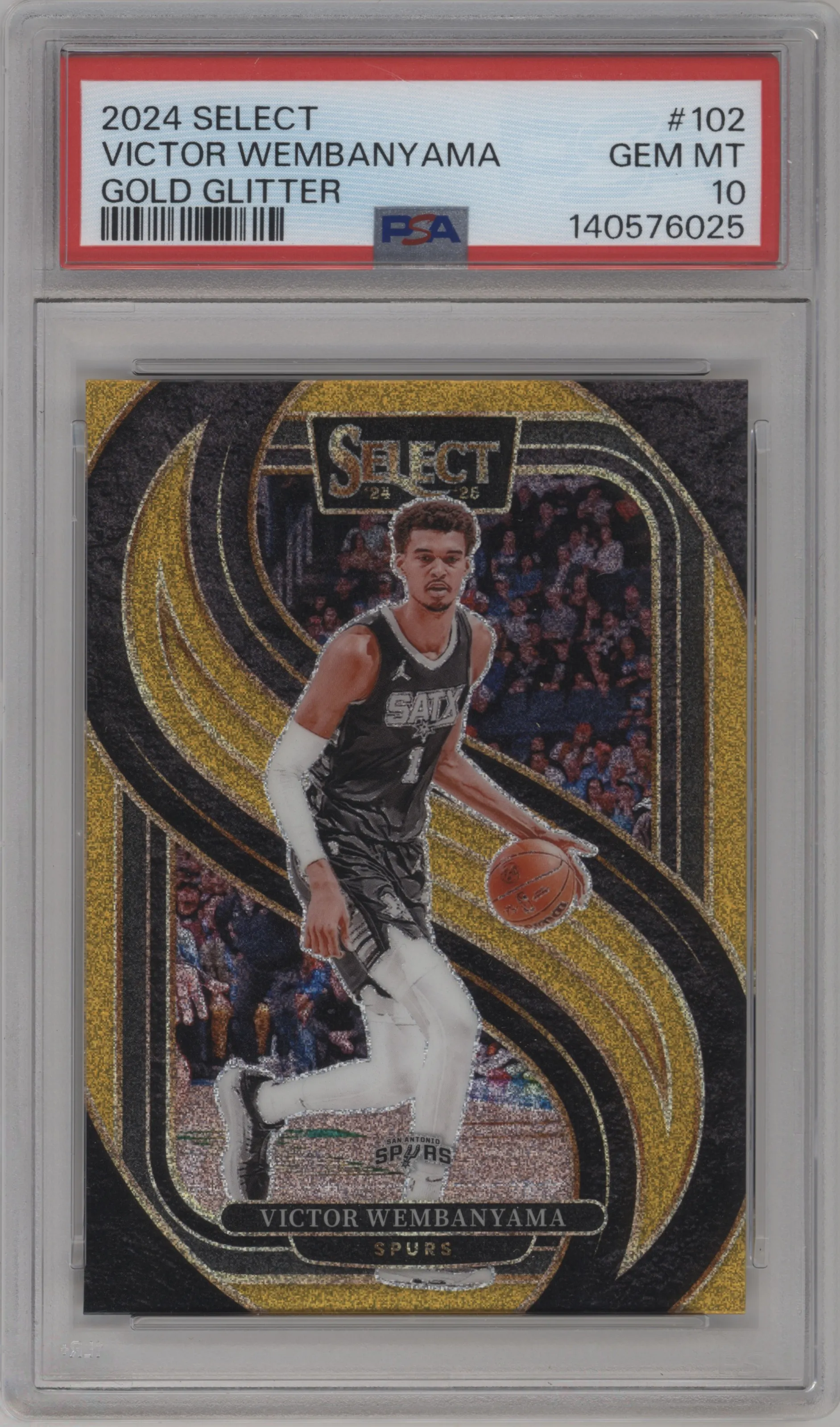 Victor Wembanyama from the 2024-25 Panini Select set featuring a Gold Glitter Prizm parallel graded by PSA and given an overall grade of 10.