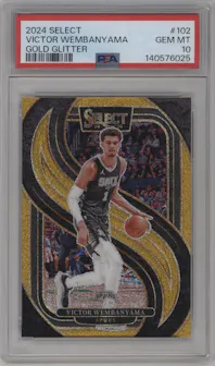 Victor Wembanyama from the 2024-25 Panini Select set featuring a Gold Glitter Prizm parallel graded by PSA and given an overall grade of 10.