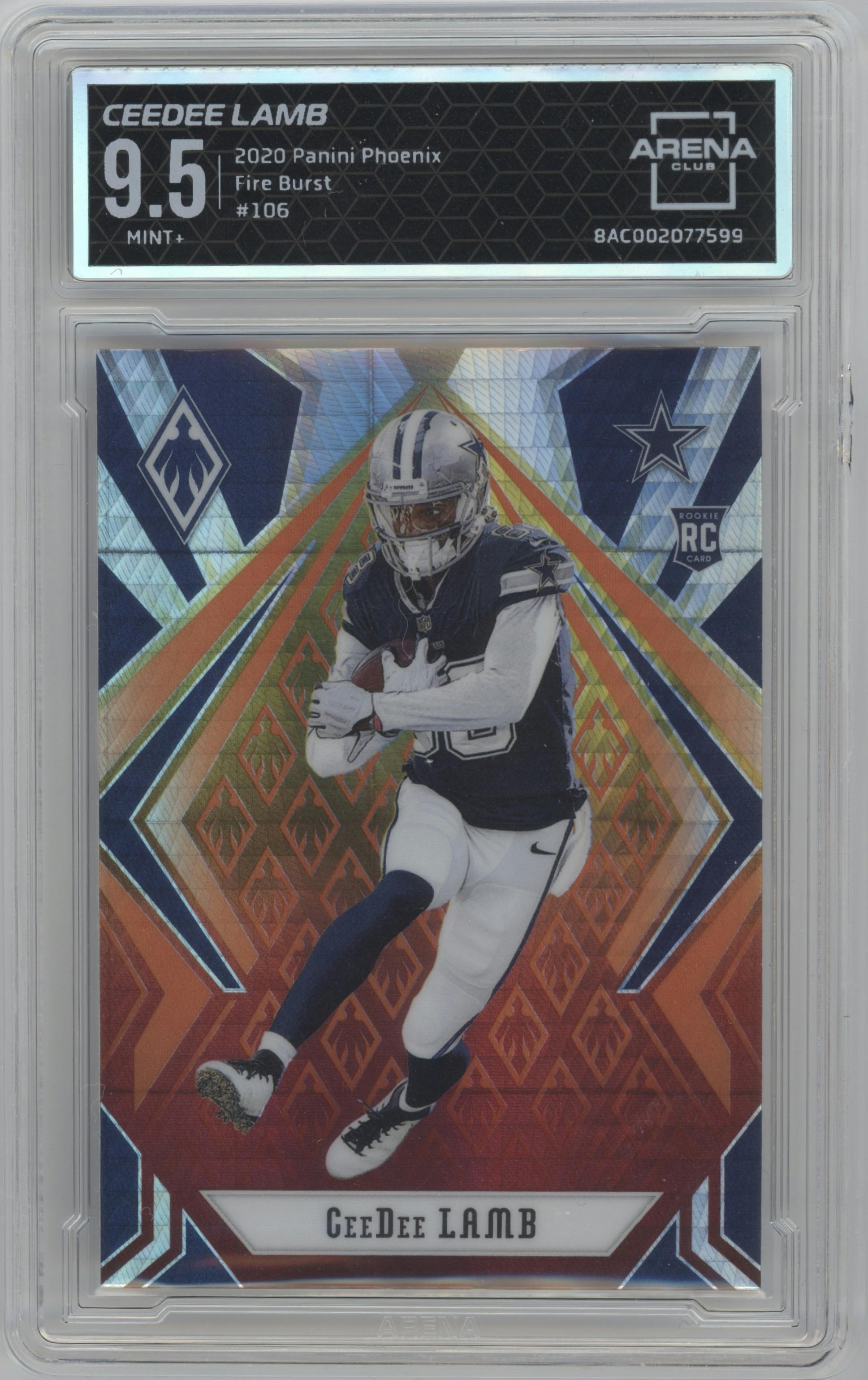 CeeDee Lamb from the 2020 Panini Phoenix set featuring a Fire Burst parallel graded by Arena Club and given an overall grade of 9.5.