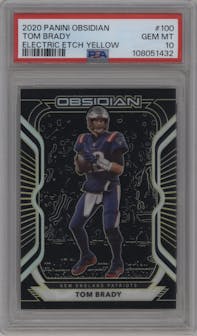 Tom Brady from the 2020 Panini Obsidian set featuring a Electric Etch Yellow parallel graded by PSA and given an overall grade of 10.