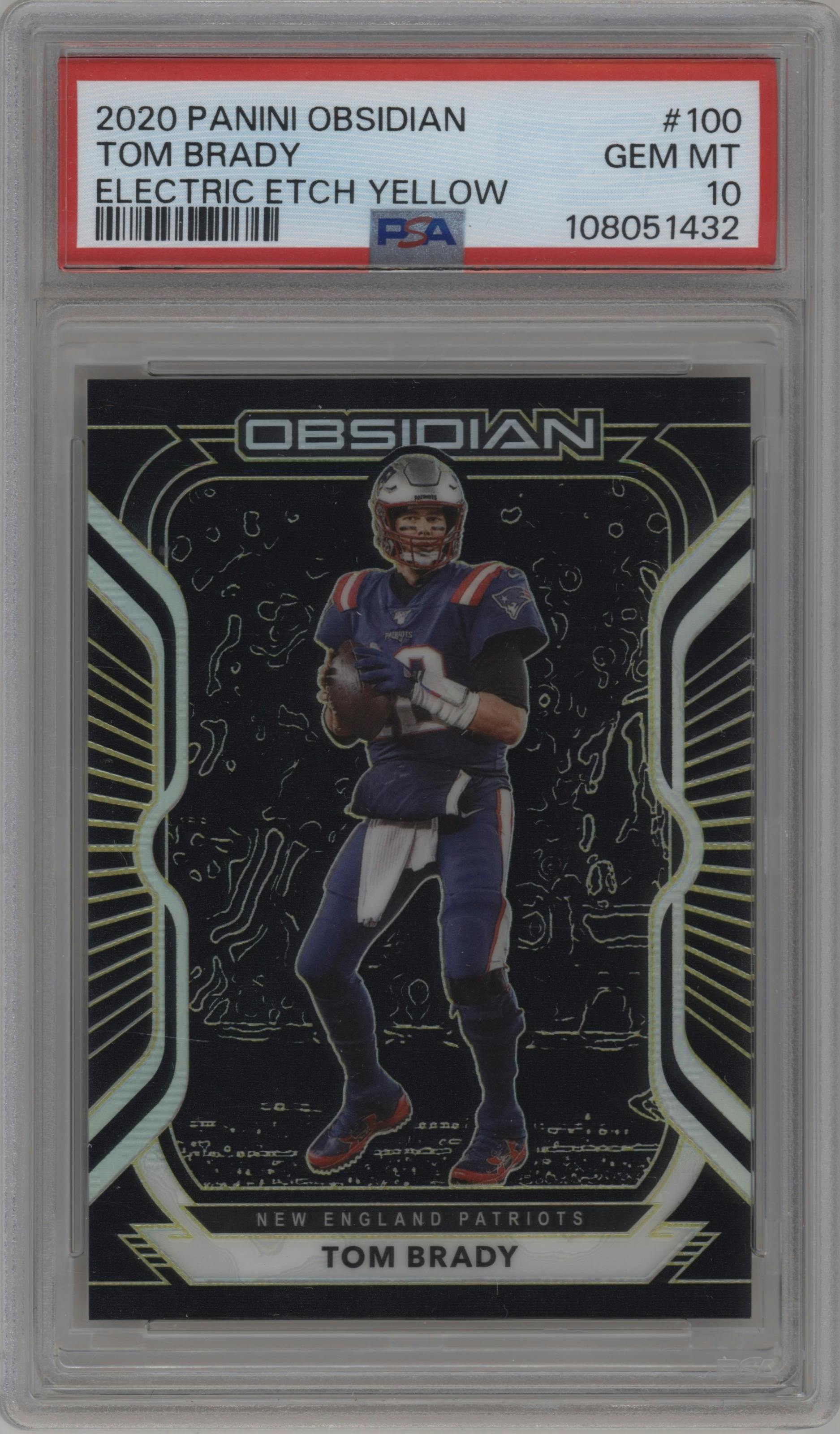 Tom Brady from the 2020 Panini Obsidian set featuring a Electric Etch Yellow parallel graded by PSA and given an overall grade of 10.