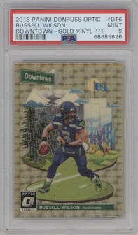Russell Wilson from the 2018 Panini Donruss Optic set featuring a Gold Vinyl parallel graded by PSA and given an overall grade of 9.